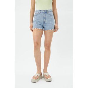 Weekday Brand Denim Row Jean Shorts In Spring Blue Raw Hem SZ 40 US 8 High Rise